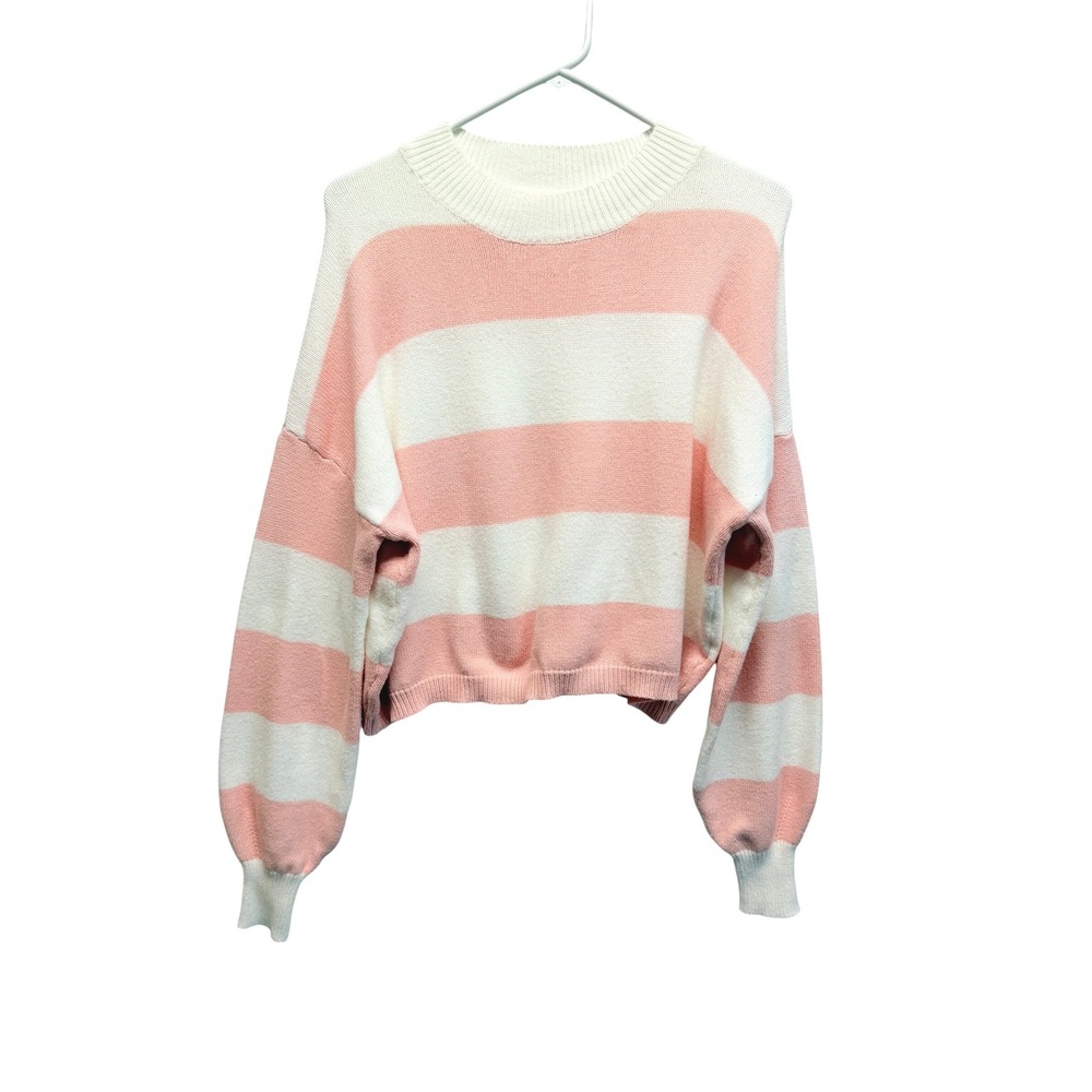 Dreamers‎ By Debut Sweater Striped Balloon Sleeve Large Pink White Womens